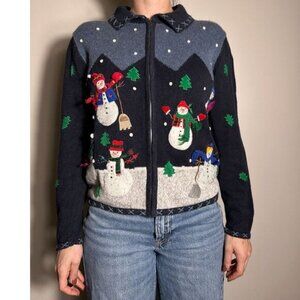 Vintage Blue Snowman Holiday Zip Up Sweater Size Small